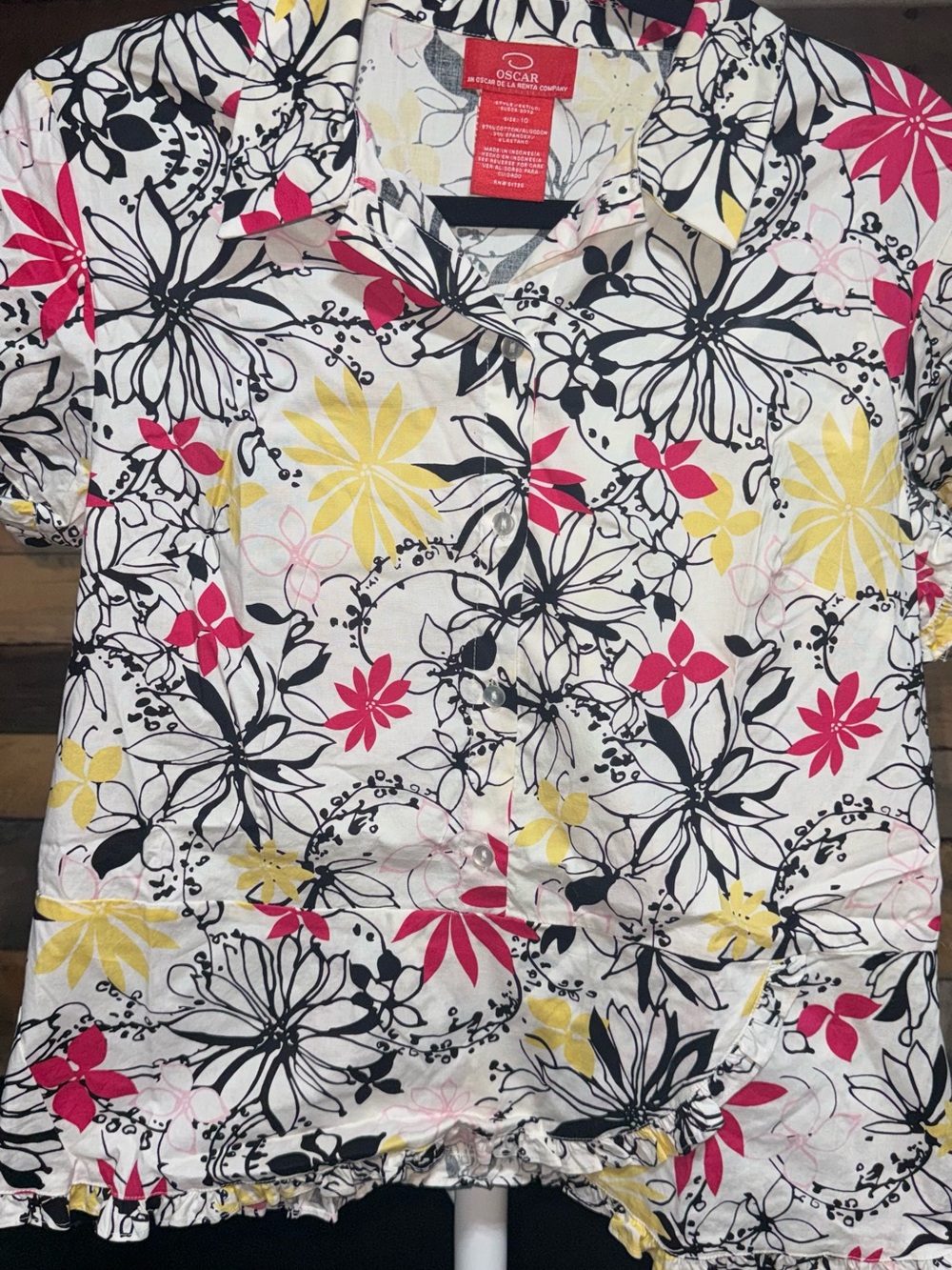 Oscar de la Renta Floral Button-Front Blouse in White, Black, Pink & Yellow 10
